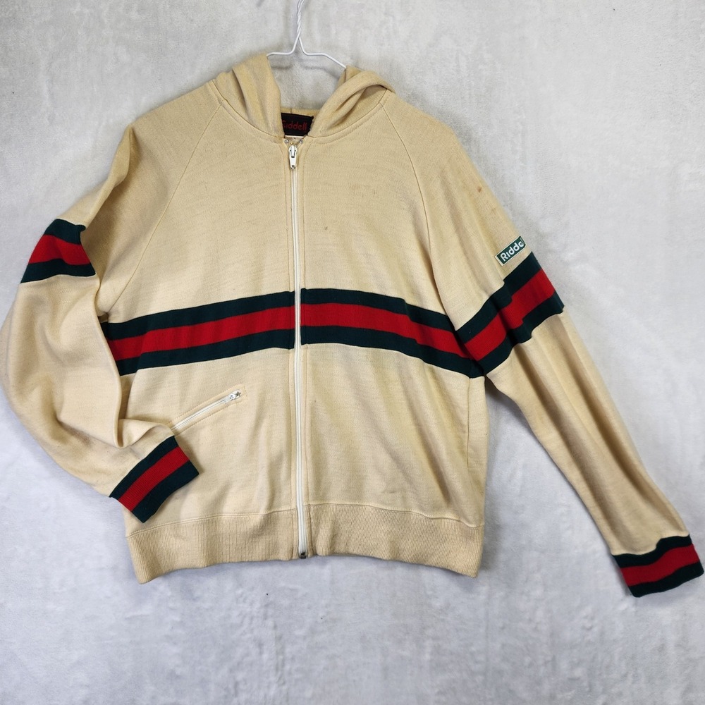 Vintage Riddell Zip Up Hoodie Cream Green Red Striped‎ Mens Raglan Sweatshirt